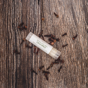 Natural lip balm in Chai Spice flavor surrounded by cloves, representing the best lip butter balm and cocoa butter chapstick for cracked and dry lips.