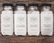 Lineup of the best bath salts from Willow and Birch Apothecary including Lemon Zen, Lavender Breeze, Orange Spice, and English Fog, showcasing natural bath salts perfect for a soothing epson salt spa bath experience.