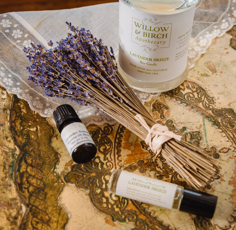 Lavender Breeze scented natural artisan bath, beauty, and fragrance by Willow & Birch Apothecary with lavender bouquet and antique lace, inspired by Downton Abbey and Jane Austen, English cottage and English garden, vintage victorian style for old soul