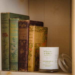 Scented soy candle by Willow & Birch Apothecary on bookshelf with antique books