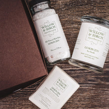 Spa day gift set with natural scented candle, mineral bath salts, and scented soap by Willow & Birch Apothecary