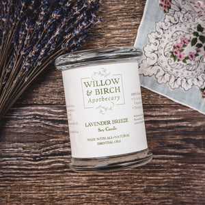 Lavender Breeze natural scented soy candle made with essential oils from Willow & Birch Apothecary with lavender flowers and antique handkerchief
